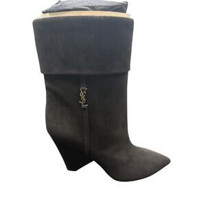 Saint Laurent Niki Ankle Booties Logo Heel Black Suede Winter Statement Sz 5.5